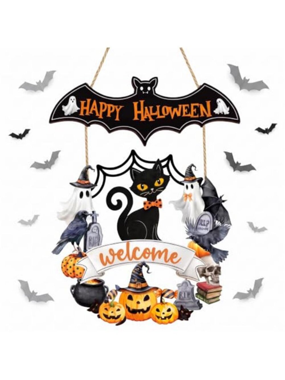 Halloween Decoration: Ghost Wood Door Sign, Spooky Wreath